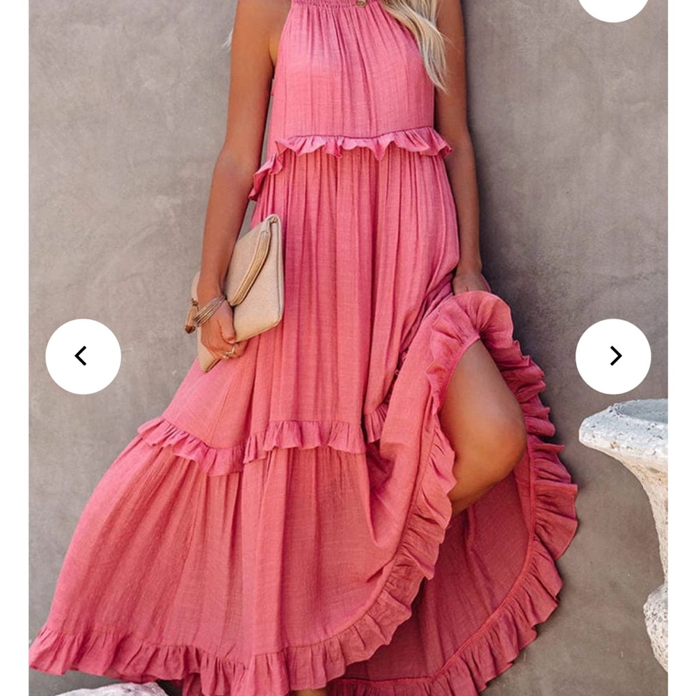 Women’s Pink Ruffle Maxi Dress - Sleeveless Summer Style